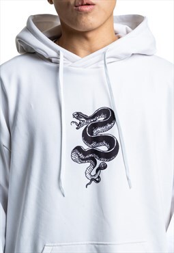 Custom unisex white hoodie with a snake print 