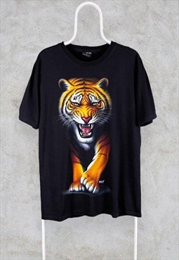Vintage Tiger T Shirt Wild Animal Graphic Black Large