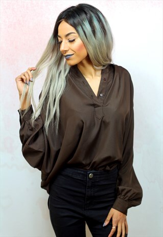 1980S VINTAGE BROWN SILKY OVERSIZED BLOUSE