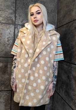 Polka dot fleece gilet handmade sleeveless hood jacket cream