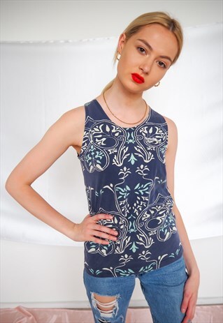 VINTAGE BLUE REEBOK PATTERNED SLEEVELESS T-SHIRT