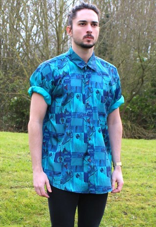 VINTAGE 90S ART NERD SILK SHIRT - XL - FESTIVAL - RETRO