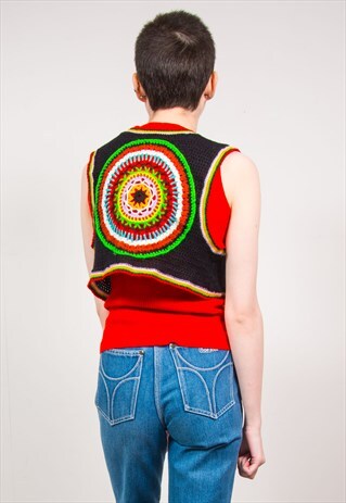 VINTAGE 70'S COLOURFUL MANDALA PRINT CROCHET KNIT WAISTCOAT