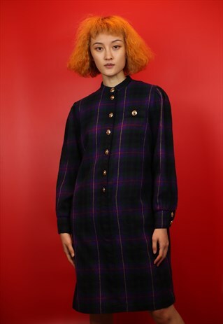 VINTAGE 1980S TARTAN DRESS WITH GOLD BUTTONS