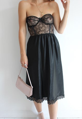VINTAGE 60S BLACK LACE TRIM SLIP UNDER SKIRT