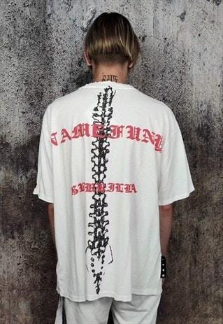 Bones print tee Spine graffiti t-shirt skeleton top in white