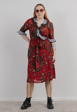 Vintage 90s Frill Detail Wrap Up Paisley Pattern Midi Dress