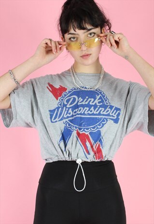 VINTAGE 90S REWORKED CROP TOP IN BLUE GREY WITH DRINK PRINT