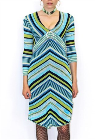 90'S VINTAGE STRIPED GREEN BLUE KAREN MILLEN FITTED DRESS