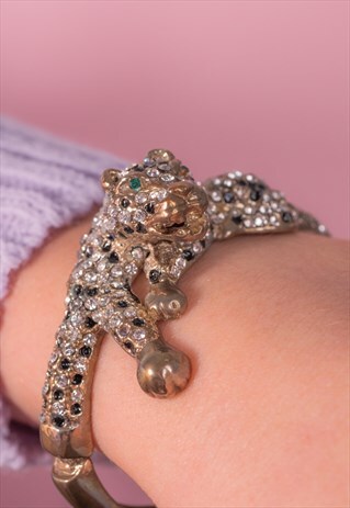 VINTAGE SUPER KITSCH 3D DIAMANTE PANTHER BANGLE BRACELET