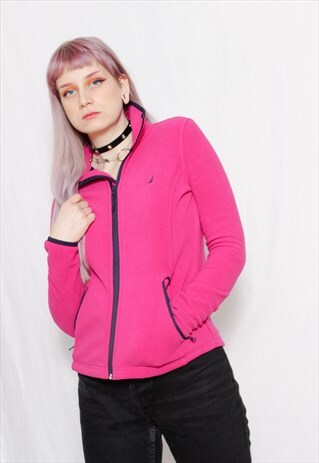 90S SPORTS Y2K VINTAGE PINK NAUTICA FLEECE CARDIGAN SWEATER