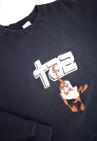 VINTAGE 90S WARNER BROTHERS BLACK TAZ EMBROIDERED SWEATSHIRT