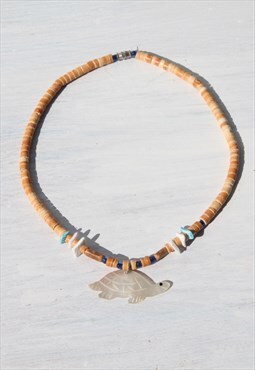 Handmade 90s wood/glass/shell turtle pendant beaded necklace