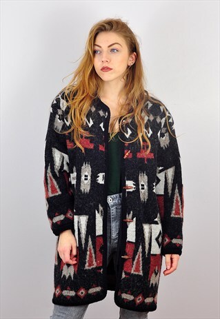 VINTAGE OVERSIZE ABSTRACT WOOL BLEND CARDIGAN / JACKET