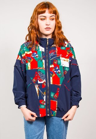 VINTAGE 90'S NAVY BLUE PATTERNED BOMBER JACKET