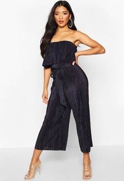 JUSTYOUROUTFIT Plisse Bardot Belted Jumpsuit Black