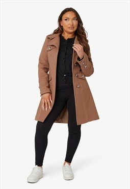 Naomi Camel High Neck Military Belted Coat