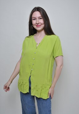 Minimalist light floral blouse, cute green v neck shirt 