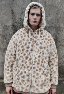 Soft fleece leopard bomber fake fur animal print pullover