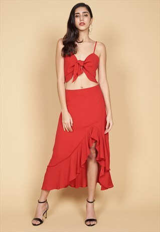 CARMEN ASYMMETRICAL RUFFLE SKIRT IN CHILI RED