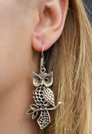 WISE OWL EARRINGS, OWL ON A BRANCH QUIRKY EARRINGS