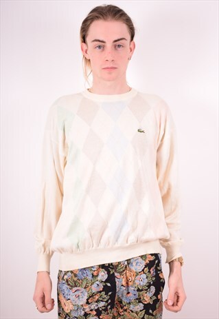 LACOSTE MENS VINTAGE JUMPER SWEATER LARGE BEIGE 90S