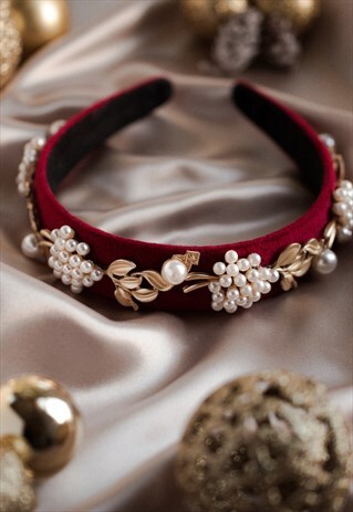 RED FAUX PEARL GOLD HEADBAND