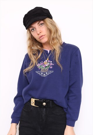 VINTAGE 90S NAVY EMBROIDERED FLORAL SWEATER JUMPER