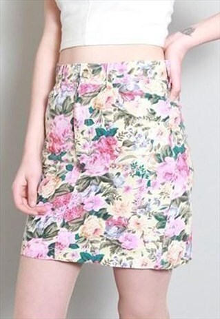 VINTAGE 1990'S DENIM FLORAL PENCIL SKIRT