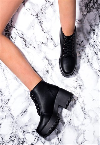 HOTHEAD LACE UP CLEATED SOLE PLATFORM BLOCK HEEL ANKLE BOOTS