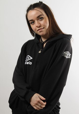 VINTAGE UMBRO BLACK HOODIE WITH WHITE SPELL OUT LOGO