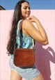 BROWN REAL LEATHER HANDBAG WITH TOOLED DETAIL