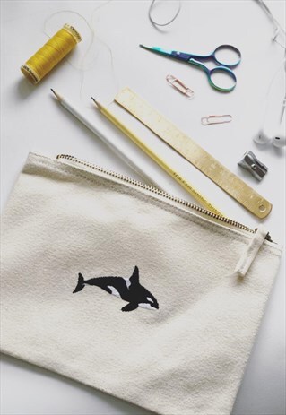 MAKE-UP, ACCESSORY,PURSE IN NATURAL WITH ORCA EMBROIDERY