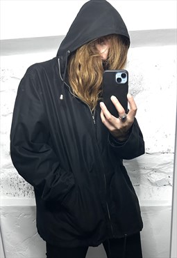 Casual Black Hooded Parka 