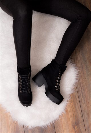 SHOTGUN 3 LACE UP HEELED ANKLE BOOTS - BLACK SUEDE STYLE