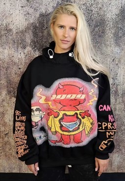 Devil print graffiti hoodie y2k Satan cartoon pullover black