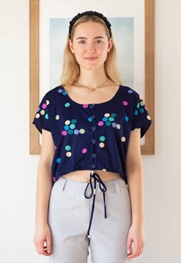 Dark blue cropped colorful circles cropped t-shirt