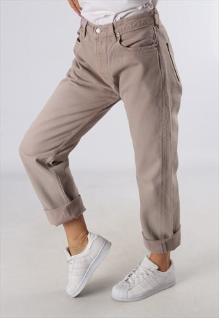 VINTAGE LEVIS 501'S JEANS BEIGE UK 12 - 14 HIGH WAISTED (D4R
