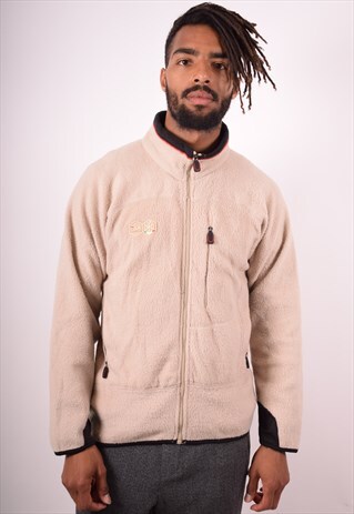 FILA MENS VINTAGE FLEECE JACKET SMALL BEIGE 90S