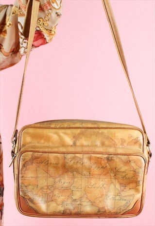 VINTAGE 90S LEATHER BAG SHOULDER LIGHT BROWN WORLD MAP PRINT