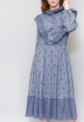 VINTAGE 1970'S SOFT BLUE FLORAL RUFFLED MIDI DRESS