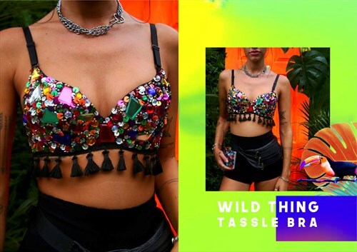Multicolour gemstone festival bra and high waist short co ord set. with tassel trim elsie and fred