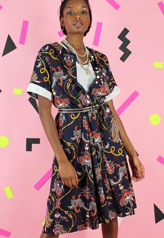 VINTAGE 80S DRESS NAVY BLUE PRINT WITH FRONT BUTTONS