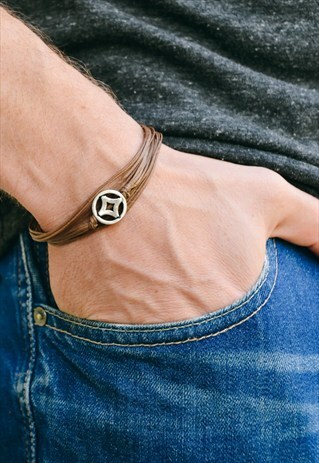 WRAP BRACELET FOR MEN, MEN'S BRACELET, SILVER CIRCLE, BROWN
