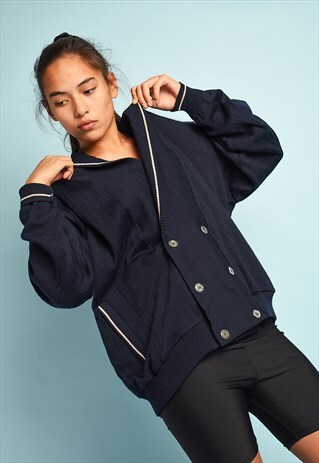 VINTAGE 80'S KNIT OVERSIZED DAD CARDIGAN JACKET IN NAVY BLUE