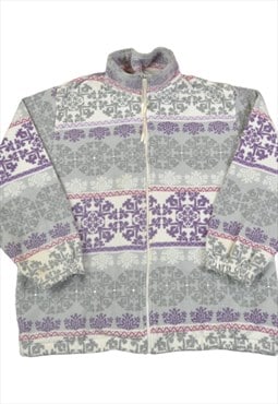 Vintage Fleece Jacket Retro Pattern Grey/Purple Ladies Large