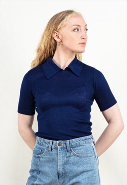 Vintage 70s Ribbed Knit Polo Shirt in Blue