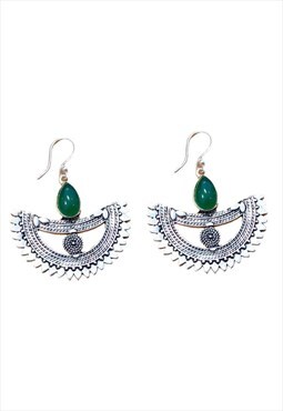 Silver Bohemian Boat  Earrings With Green Emerald Stone 