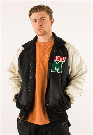 VINTAGE 80S BLACK NYLON VARSITY JACKET