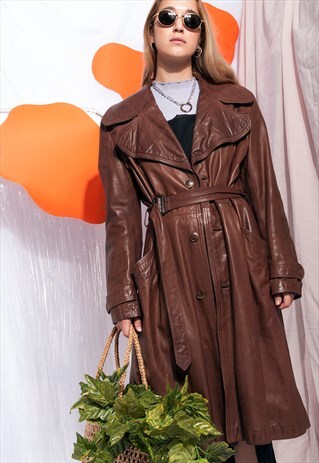 VINTAGE LEATHER TRENCH COAT 70S BROWN LONG OVERCOAT